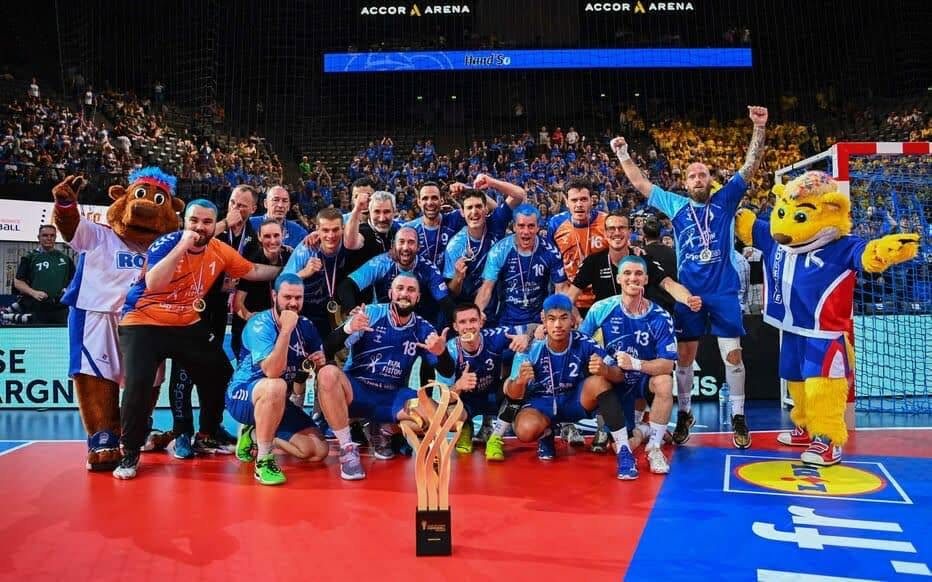 US Palaiseau celebrating the 2022 French national cup win at the Accor Arena, Bercy